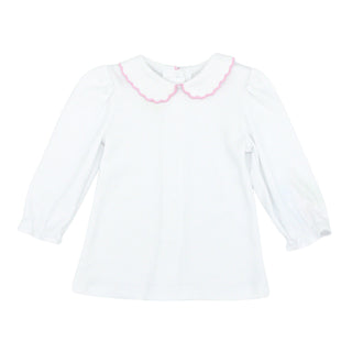Kendall Blouse with Scalloped Collar (Knit) - White with Pink