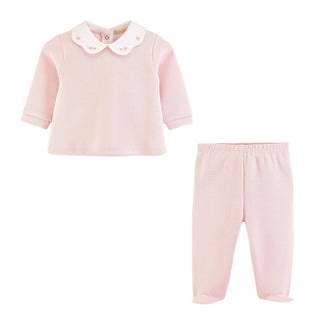 Embroidered Pima English Knot Top and Footed-pant Set