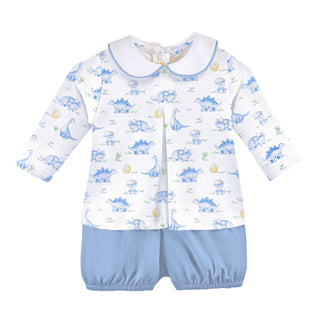 Pima Printed Collared Shirt with Gathered Shorts - Cute Dinos