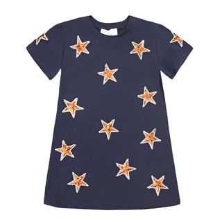 Sequin Star Knit Dress - Navy & Orange