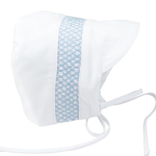 Boys Smocked Bonnet - White with Blue