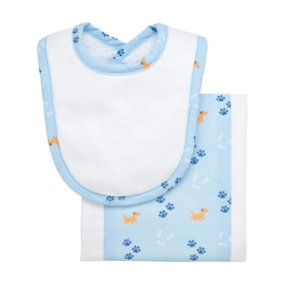 Drooler Bib & Burp Set - Blue Puppy Print