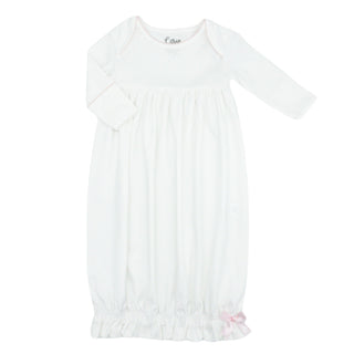 Pima Knit Lap Shoulder Gown with Picot Trim - White with Pink