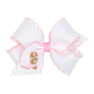 Embroidered Grosgrain Moonstitch Hair Bow - Pink Cowgirl Boot