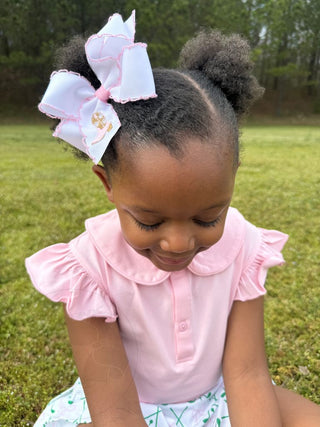 Embroidered Grosgrain Moonstitch Hair Bow - Pink Cowgirl Boot