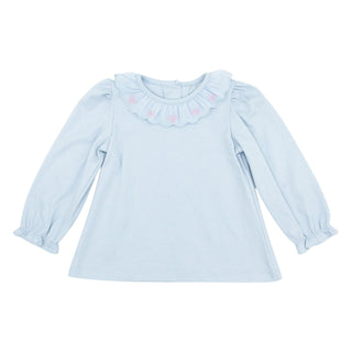 Knit Blouse with Embroidered Scalloped Ruffle Collar