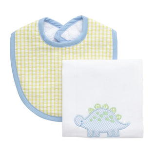 Boxed Bib & Burp Set - Blue Dino Applique