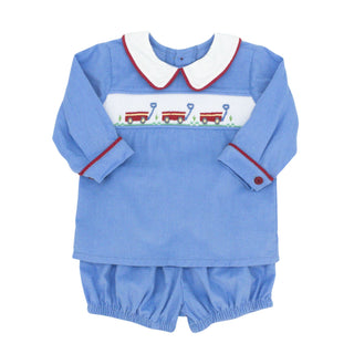Bryn Gathered Short Set with Smocked Red Wagons