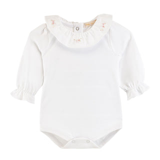 Pima Bodysuit with Ruffled Collar and Embroidery - Roses