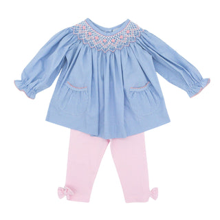 Girls Legging Set with Bishop Top and Hand-smocking - Blue Gingham