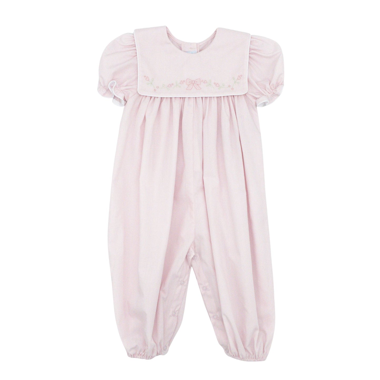 Square Collar Romper with Bow and Flowers Hand Embroidery