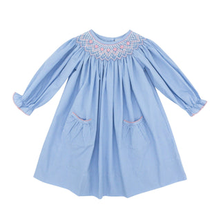 Girls Long-sleeve Bishop Dress with Hand-smocking - Blue Gingham