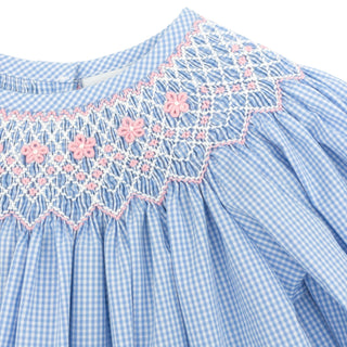 Girls Long-sleeve Bishop Dress with Hand-smocking - Blue Gingham