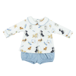 Pima Printed Collared Shirt with Gathered Shorts - Doggie Park