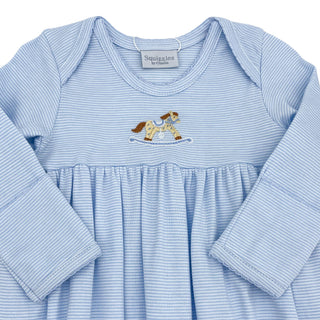 Embroidered Pima Knit Lap Shoulder Daygown - Rocking Horse on Stripes