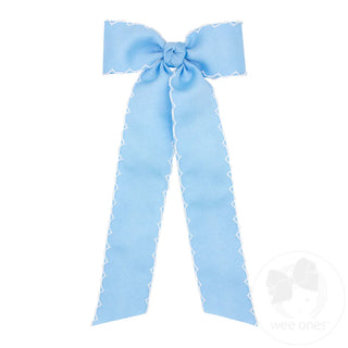 Grosgrain Moonstitch Hair Bow with Tails - Blue with White