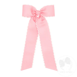 Grosgrain Moonstitch Hair Bow with Tails - Light Pink with White