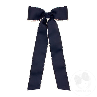 Grosgrain Moonstitch Hair Bow with Tails - Navy with White