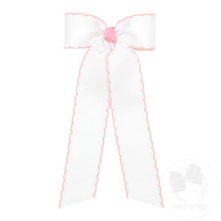 Grosgrain Moonstitch Hair Bow with Tails - White with Light Pink