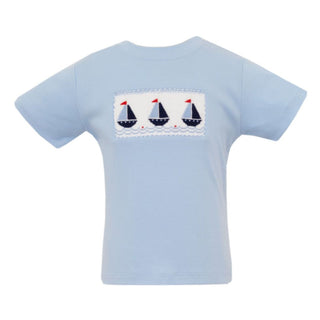 Boys Smocked T-shirt - Blue Sailboat - FINAL SALE