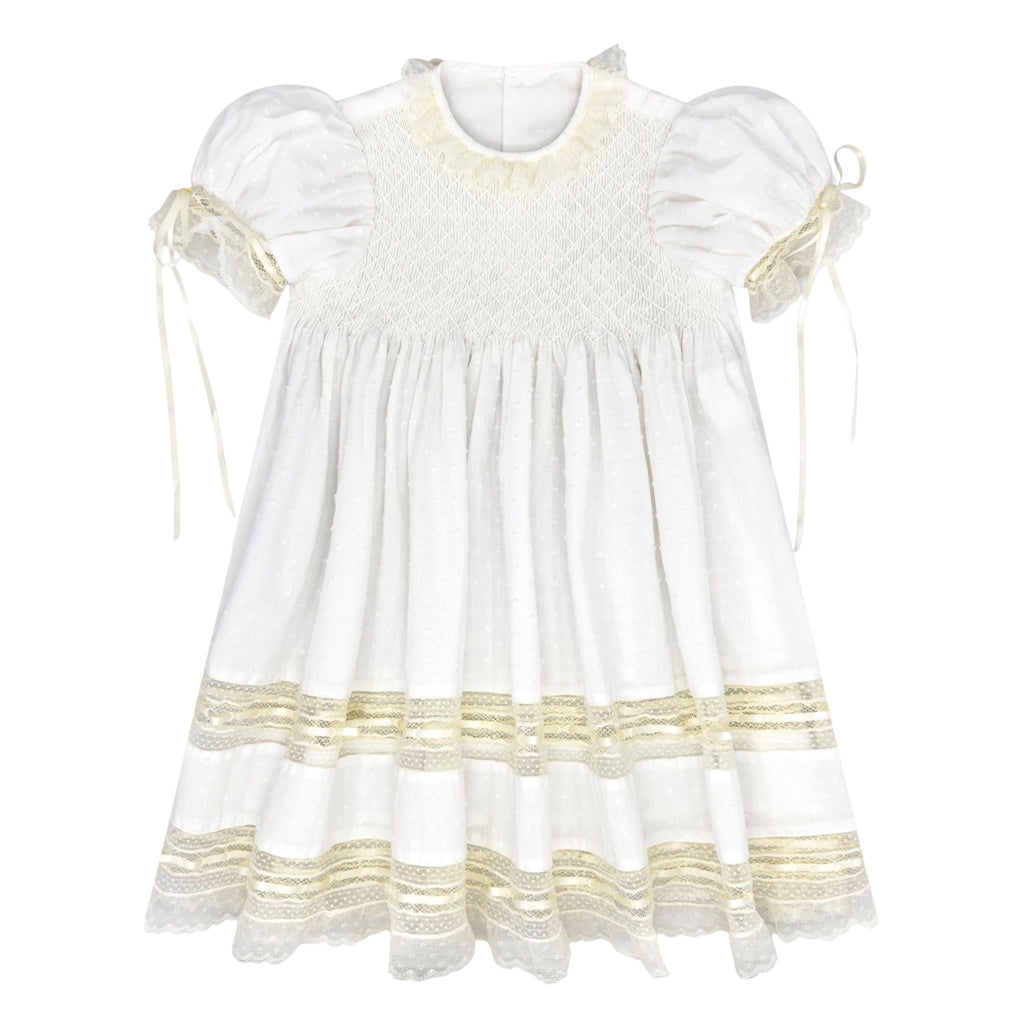 Margaret Heirloom Smocked Dress - White Swiss Dot | Lullaby Set 5 / White with Ecru
