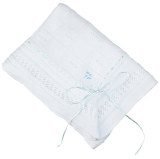 Ribbon Pointelle Knit Blanket - White with Blue