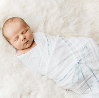 Ribbon Pointelle Knit Blanket - White with Blue