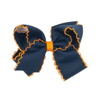 Classic Grosgrain Moonstitch Hair Bow - Navy with Orange