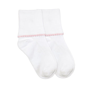 Smooth Toe Picot Edge White Turn Cuff Socks - Pink Picot