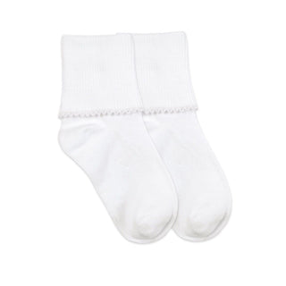 Smooth Toe Picot Edge White Turn Cuff Socks - White Picot