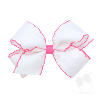 Classic Grosgrain Moonstitch Hair Bow - White with Hot Pink