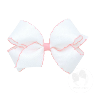 Classic Grosgrain Moonstitch Hair Bow - White with Light Pink