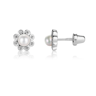 Sterling Silver White Pearl Button Earrings