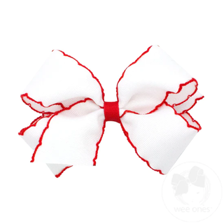 Classic Grosgrain Moonstitch Hair Bow - White with Red