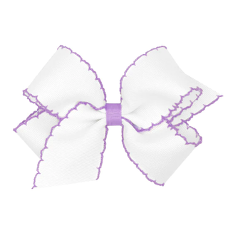 Classic Grosgrain Moonstitch Hair Bow - White with Light Orchid