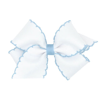Classic Grosgrain Moonstitch Hair Bow - White with Millennium Blue