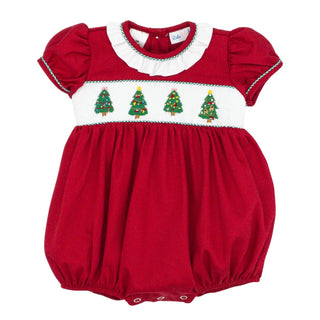 Girls Christmas Trees Smocked Bubble