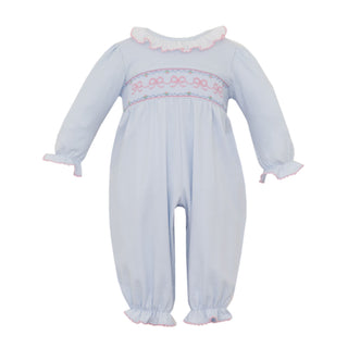 Girls Knit Romper with Smocking - Pink Bows