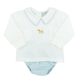 Boys Pima Diaper Set with Hand-embroidery - Winston on White with Light Blue