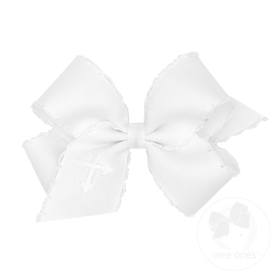 Grosgrain Hair Bow with Moonstitch Edge and Cross Embroidery on Tail