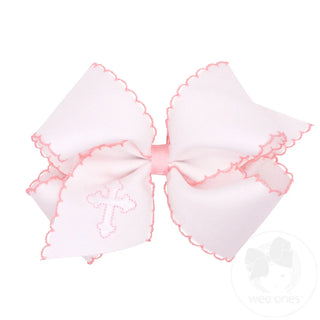 Embroidered Grosgrain Moonstitch Hair Bow - White with Light Pink Cross