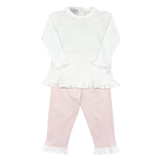 White & Pink Pima Knit Ruffle Pant Set