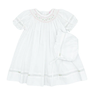 Bishop Dress with Matching Bonnet - White