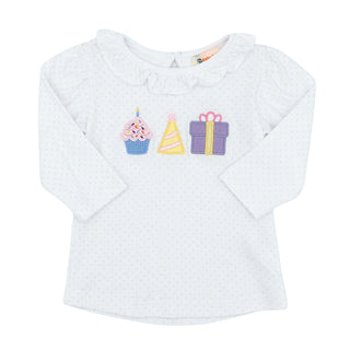 Girls Ruffle-neck Blouse with Applique - Birthday Trio