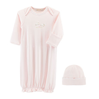 Pima Gown with Lace Trim and Hat Set with Hand-embroidery - Baby Lambs