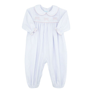 Girls Pique Romper with Ribbon Embroidery and Cord Trim