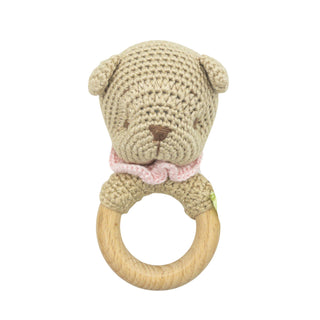 Hand-crocheted Knit Wooden Ring Rattle - Pink Bear