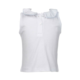 Sleeveless Pima Knit Shirt with Picot Trim - White with Sky Blue