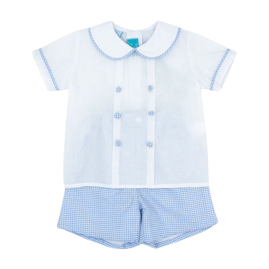 Double-breasted Collared Shirt and Gingham Short Set