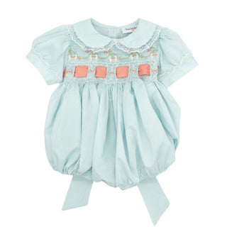 Dena Hand-smocked Bubble with Ribbon Insertion - Blue